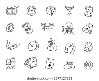Exciting gambling casino set with slot machine, poker chip, dice, playing cards, lucky coin, money bag, and more for jackpot winnings and fortune bets, for yours creative projects