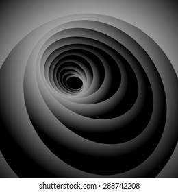 Exciting gently spiraling oval of dark gray levels on a black background, an optical illusion.