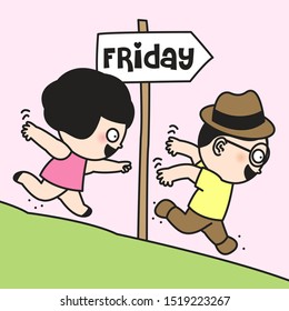 Exciting Girl And Boy Running Down A Grassy Hill With Direction Signs Heading To Friday Concept Card Character illustration