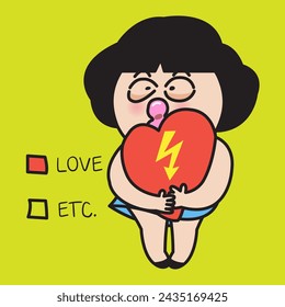 Exciting Girl Holding Her Red Heart With Lightening Bolt Pie Chart. Valentine's Day Concept Card Character illustrationai