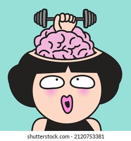Exciting Girl is Looking At Hand Human With Weight Lifting In Her Brian. Brain Exercises Concept Card Character illustration