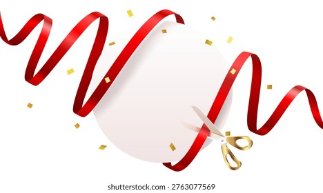 Exciting grand opening event with red ribbon and golden scissors, perfect for festive announcements. Vector illustration.