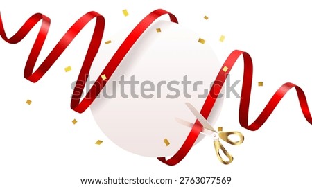 Exciting grand opening event with red ribbon and golden scissors, perfect for festive announcements. Vector illustration.