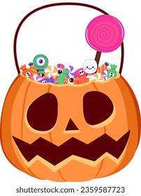 Exciting Jack O' Lantern Candy Bucket - Halloween Sweet Delights Isolated : A brimming pumpkin-shaped bucket filled with sweet candies and lollipops, ready for Trick or Treat on Halloween.