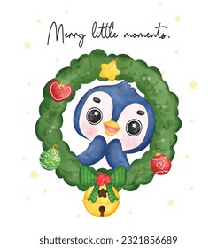 Exciting joyful Penguin Celebrating Christmas in a Festive Wreath, Merry Christmas little moment, Watercolor Cartoon. Exciting Smiles and Cheerful Holiday Vibes. Perfect for Cards, Invitations