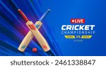 Exciting live cricket tournament match background. illustration of Cricket bat, ball, Stadium on a dark blue background. Vector Cricket championship banner with bat and ball.