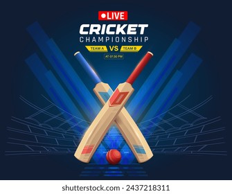 Exciting live cricket tournament match background. illustration of Cricket Stadium on a dark background. Vector Cricket championship banner with bat and ball.