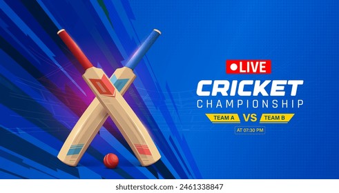 Exciting live cricket tournament match background. illustration of Cricket bat, ball, Stadium on a dark blue background. Vector Cricket championship banner with bat and ball.