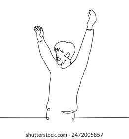 exciting man smiling happily raising both hands up - one line art vector. concept man glad, happy, positively excited. Handmade vector not AI