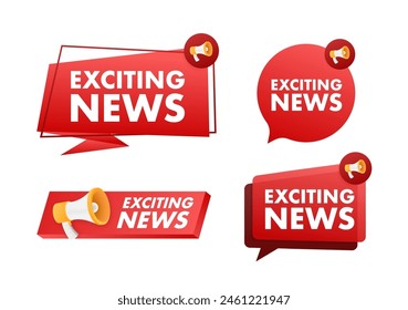 Exciting News text with Megaphone label set. Megaphone in hand promotion banner. Marketing and advertising