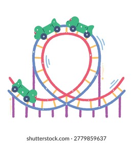 Exciting roller coaster track with carts in motion. Hand drawn.
