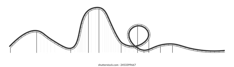 Emocionante diseño de pista de montaña rusa en arte de línea, aislado sobre fondo blanco. Gráfico de Vector para conceptos de parques temáticos.