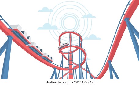 Exciting roller coaster train navigating a complex red metal loop with blue sky and soft white clouds in the background at an amusement park.