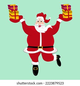 Exciting Santa Claus Gift Holding In Dancing Pose Over Pastel Green Background.