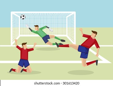 Exciting Scene Of Attacker Kicking Soccer Ball Into The Net To Score Victory And Goalkeeper Fail To Save The Goal. Vector Cartoon Illustration Of Association Football Sport In Action.