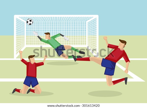 サッカーボールをネットに蹴り込んで勝利を決め ゴールキーパーがゴール を救えないという 刺激的なシーン アソシエーション フットボールの動きを描いたベクター漫画のイラスト のベクター画像素材 ロイヤリティフリー
