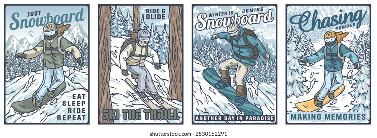 Ilustrações de snowboard emocionantes capturando a emoção de deslizar pelas pistas de neve, perfeito para os amantes de esportes de inverno que buscam aventura e liberdade