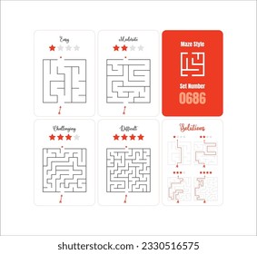 Exciting Square Maze Set for Kids: 4 Printable Puzzles with Increasing Difficulty Levels and Solutions - Vector Set 0686