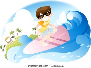 Exciting Summer Vacation and Happy Travel - riding on big surf with cute young boy in beautiful tropical island resort background with blue sky and and white clouds : vector illustration