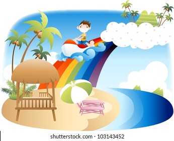Exciting Summer Vacation and Happy Travel - playing water recreation with cute funny young boy in beautiful tropical paradise resort background with blue sky and pretty scenery
