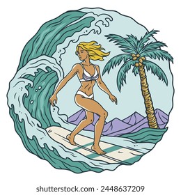 Exciting tropical beach surfing adventure in hawaii. Featuring a female surfer riding vibrant. Energetic waves with a surfboard in the stunning. Exotic ocean. Surrounded by palm trees and a sunny.