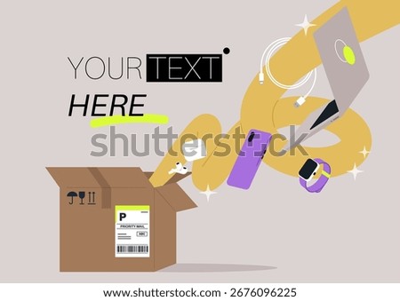 Exciting unboxing concept revealing tech gadgets and accessories emerging from an open box, creating a sense of anticipation and discovery