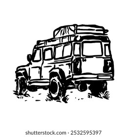 Ilustração vetorial emocionante de um veículo 4x4 em ação, enfrentando estradas de terra e terrenos ásperos. Perfeito para mostrar a emoção de aventuras off-road e viagens ao ar livre.