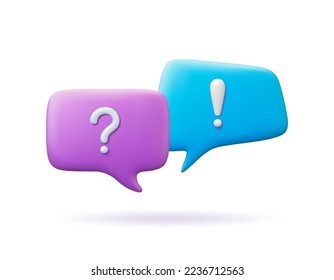 Exclamation 3d signs in speech bubble. Question and answer, vector messages conversation icons for social media chat, chatbot, notifications