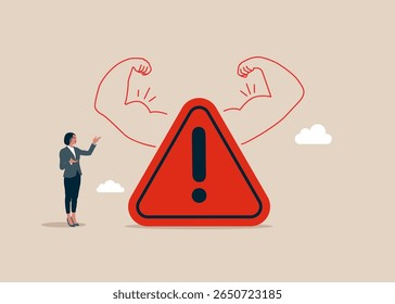 Sinal de atenção de exclamação fazendo gesto forte. Alta estima. Análise de causas básicas ou solução de problemas. Ilustração vetorial moderna em estilo plano