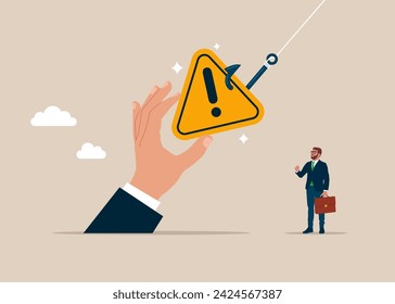 Exclamation attention sign on fishing hook. Business failure. Modern vector illustration in flat style