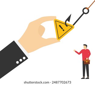 Exclamation attention sign on fishing hook. Business failure. Modern vector illustration in flat style

