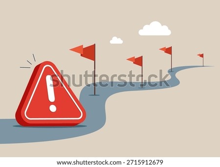 Exclamation attention sign on road. Obstacles in business turns towards the point of success. Flat vector illustration