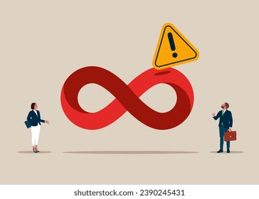 Exclamation attention sign running on never ending infinity loop. Solving problem. Infinity routine job. Impossible illusion. Flat vector illustration
