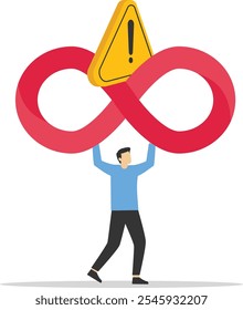 Exclamation attention sign running on never ending infinity loop. Solving problem. Infinity routine job. Impossible illusion. Flat vector illustration

