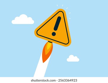 Exclamation attention sign skyrocket reaching sky. Investigate and management incident. Root cause analysis or solving problem, identify risk or critical failure concept. Flat vector illustration