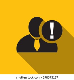 Exclamation black man silhouette icon on the yellow background, long shadow flat design icon for forums or web