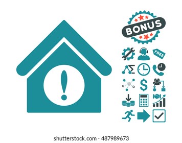 Exclamation Building pictograph with bonus pictogram. Vector illustration style is flat iconic bicolor symbols, soft blue colors, white background.