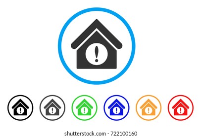 Exclamation Building rounded icon. Style is a flat exclamation building grey symbol inside light blue circle with black, gray, green, blue, red, orange variants.