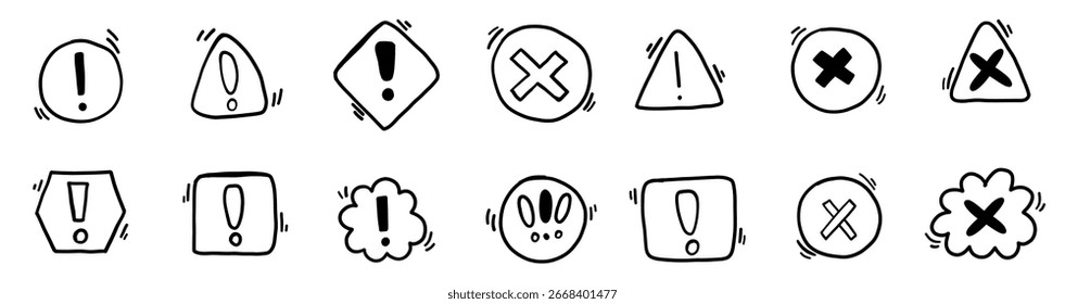 Exclamación precaución doodle signo ilustración de boceto. Aviso de seguridad de advertencia peligrosa en un conjunto de colección de estilo simple minimalista.