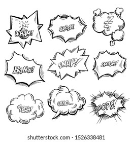 Exclamation clouds sketch and onomatopoeia comic signs, stars for cartoon emotions, bubble with expressions, dialog pop. Wham and crash, zzz and bang, snap and smash, yeah and omg, oops icons