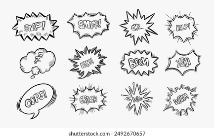 Exclamation clouds sketch and onomatopoeia comic signs, stars for cartoon emotions, bubble with expressions, dialog pop. Wham and crash, zzz and bang, snap and smash, yeah and omg, oops icons