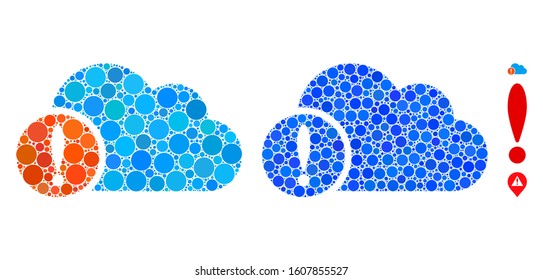 Exclamation composition of small circles in various sizes and color tones, based on exclamation icon. Vector filled circles are grouped into blue composition.