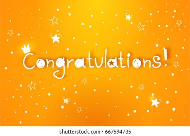 Exclamation congratulations! Children's bright yellow background, postcard, prize and success.