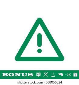 Exclamation danger icon flat. Green pictogram on white background. Vector illustration symbol and bonus button