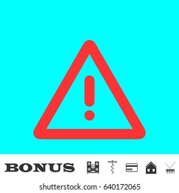 Exclamation danger icon flat. Red pictogram on blue background. Vector illustration symbol and bonus buttons Music center, corkscrew, credit card, house, drum
