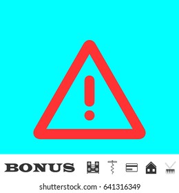 Exclamation danger icon flat. Red pictogram on blue background. Vector illustration symbol and bonus buttons Music center, corkscrew, credit card, house, drum