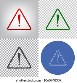 Exclamation danger sign. Flat style. Vector. 4 styles. Red gradient in radial lighted background, green flat and gray scribble icons on transparent and linear one in blue circle.