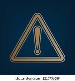 Exclamation danger sign. Flat style. Vector. Golden icon and border at dark cyan background.