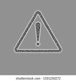 Exclamation danger sign. Flat style. Vector. Black maze filled icon with white border at gray background.