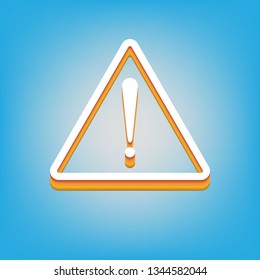 Exclamation danger sign. Flat style. Vector. White icon with 3d warm-colored gradient body at sky blue background.